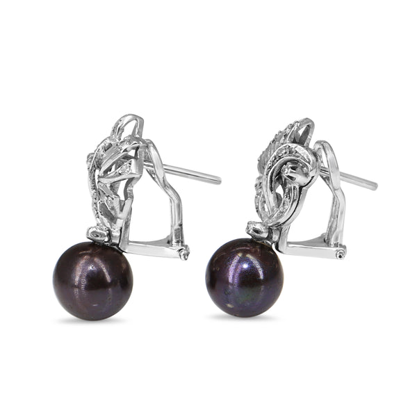 Palladium Vintage Black Fresh Water Pearl and Single Cut Diamond Earrings