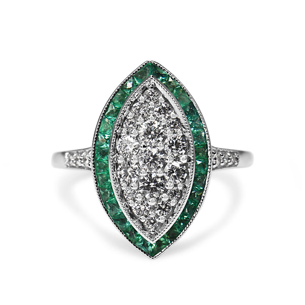 9ct White Gold Deco Style Emerald and Diamond Cluster Marquise Ring