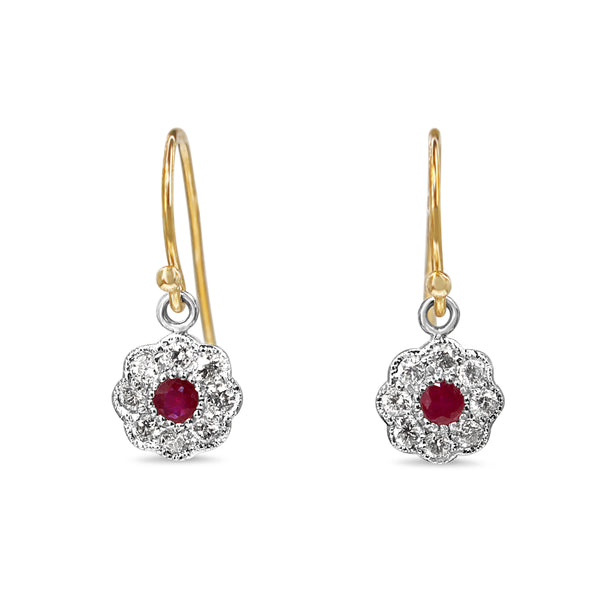 9ct Yellow and White Gold Ruby and DIamond Daisy Earrings