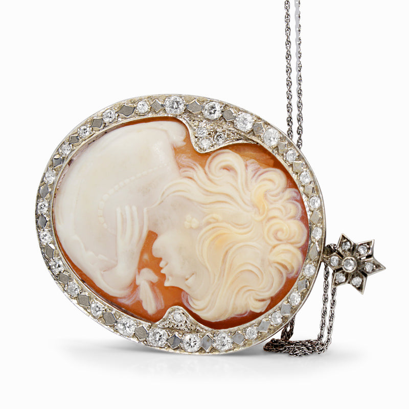 14ct White Gold Vintage Cameo and Diamond Necklace