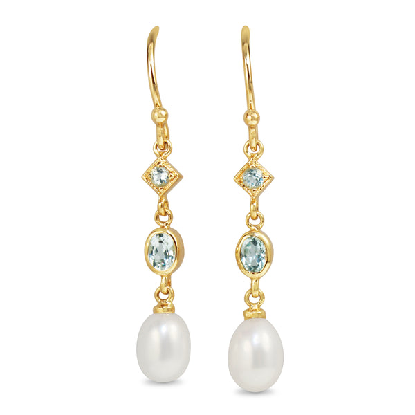 9ct Yellow Gold Topaz and Pearl Drop Earrings