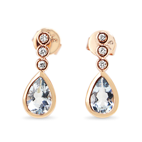 9ct Rose Gold Aquamarine and Diamond Drop Earrings