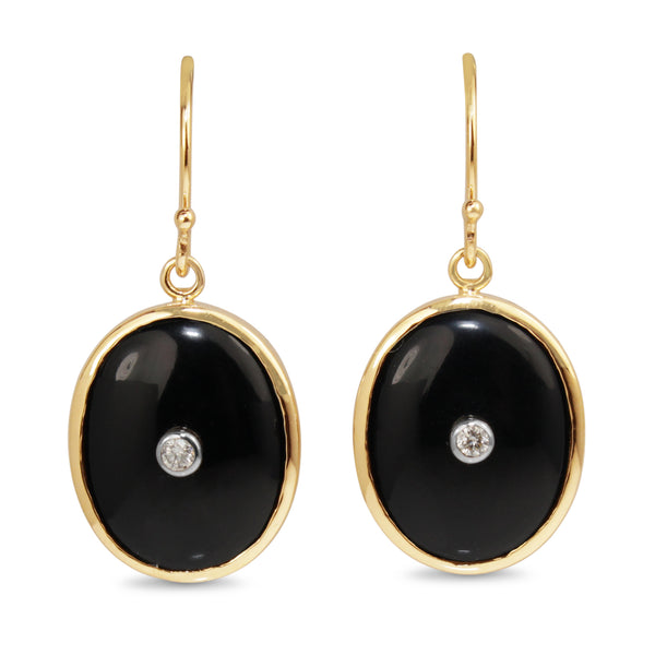 9ct Yellow Gold Large Onyx and Diamond Drop Earrings BURLINGTON