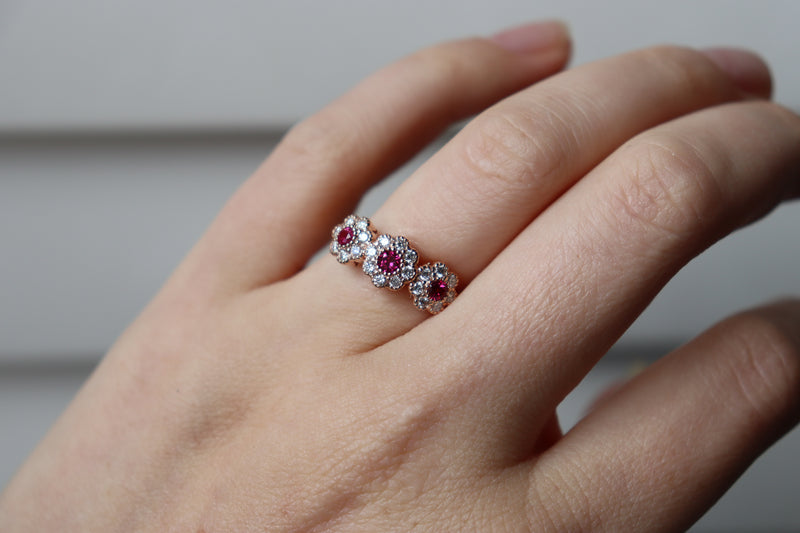 18ct Rose Gold Ruby and Diamond Triple Daisy Ring