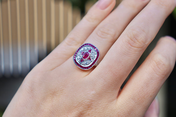 9ct White Gold Ruby and Diamond Art Deco Style Ring