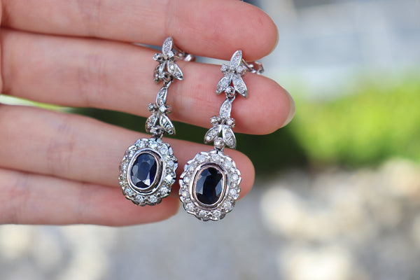 Palladium Sapphire and Single Cut Diamond Floral Drop Earrings
