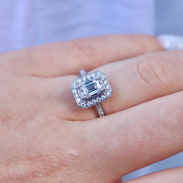 18ct White Gold Deco Style Emerald Cut Diamond Halo Ring