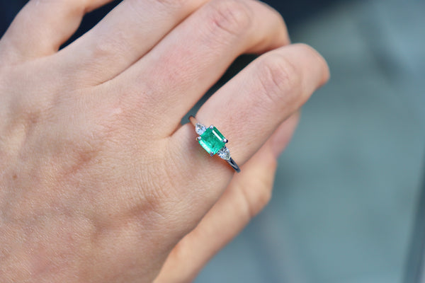 14ct White Gold Emerald and Pear Diamond 3 Stone Ring
