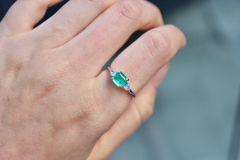 14ct White Gold Emerald and Pear Diamond 3 Stone Ring