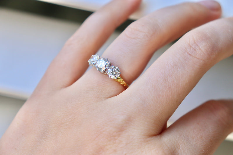 18ct Yellow and White Gold 3 Stone Ring With Etched Shoulders