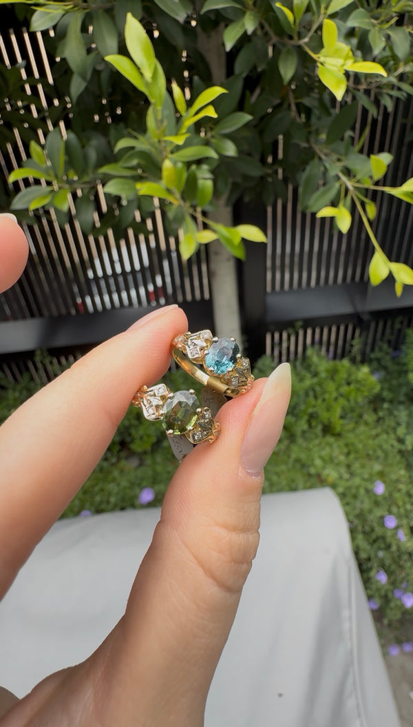 18ct Yellow Gold Green Sapphire and Diamond Vintage Style Ring