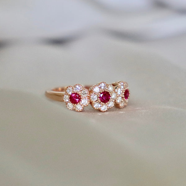18ct Rose Gold Ruby and Diamond Triple Daisy Ring