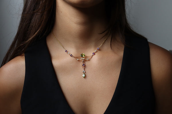 15ct Yellow Gold Antique Peridot, Pearl and Amethyst Suffragette Necklace