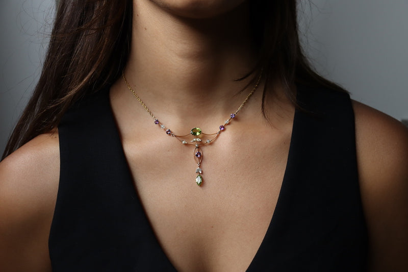 15ct Yellow Gold Antique Peridot, Pearl and Amethyst Suffragette Necklace