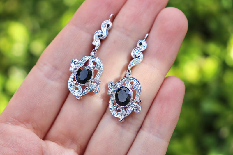 Palladium Sapphire and Single Cut Diamond Vintage Earrings