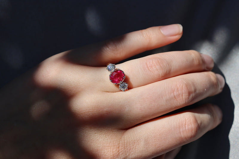 18ct Yellow and White Gold Vintage Style Ruby and Diamond 3 Stone Ring