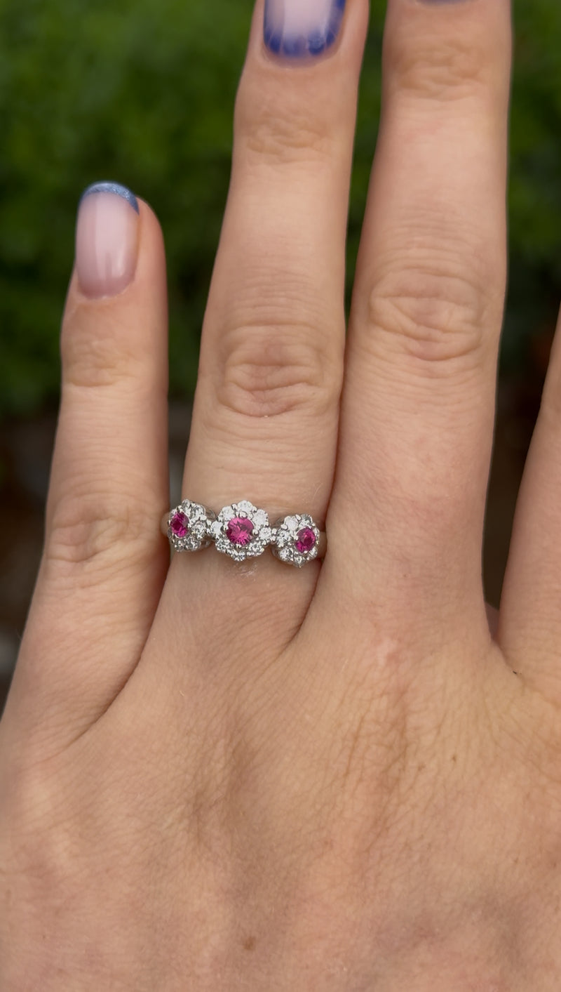 Platinum Ruby and Diamond 3 Stone Halo Cluster Ring