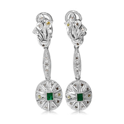 Palladium Deco Emerald and Diamond Drop Earrings