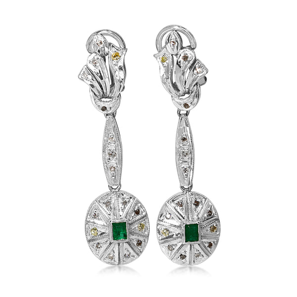 Palladium Deco Emerald and Diamond Drop Earrings