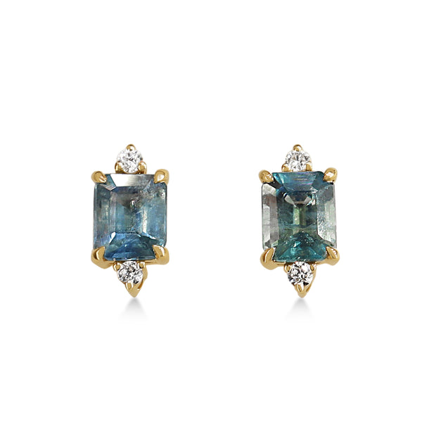 18ct Yellow Gold Emerald Cut Sapphire and Diamond Stud Earrings