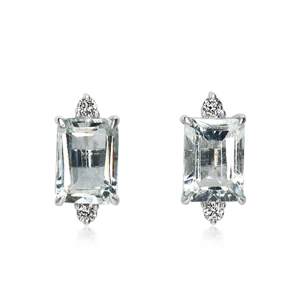 18ct White Gold Emerald Cut Aquamarine and Diamond Stud Earrings