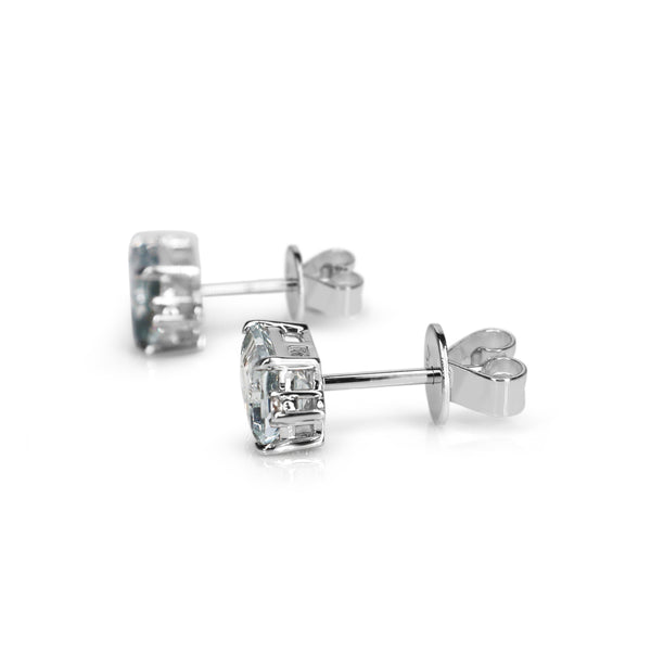 18ct White Gold Emerald Cut Aquamarine and Diamond Stud Earrings