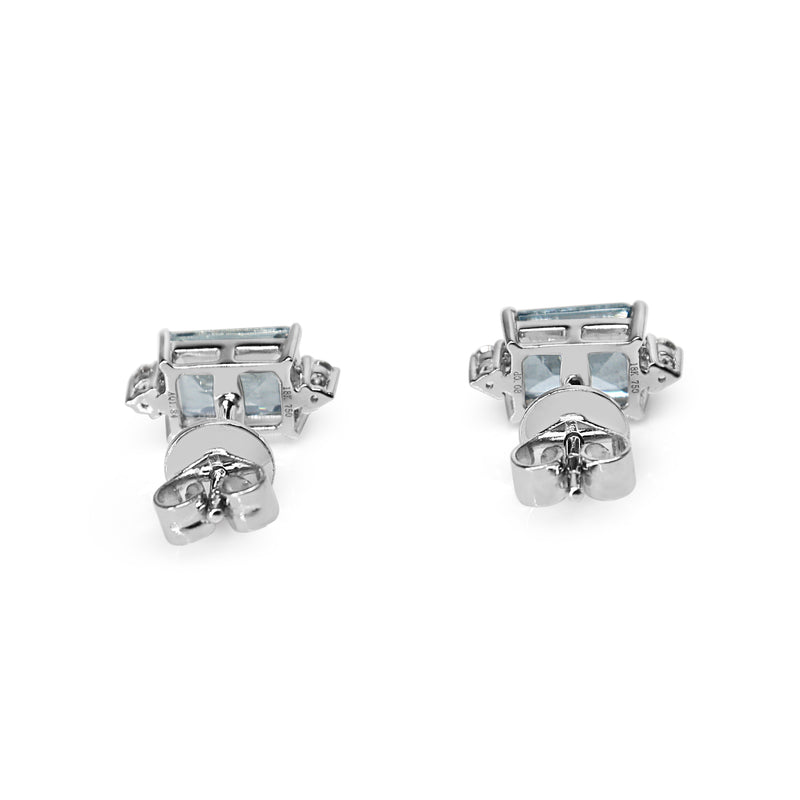 18ct White Gold Emerald Cut Aquamarine and Diamond Stud Earrings