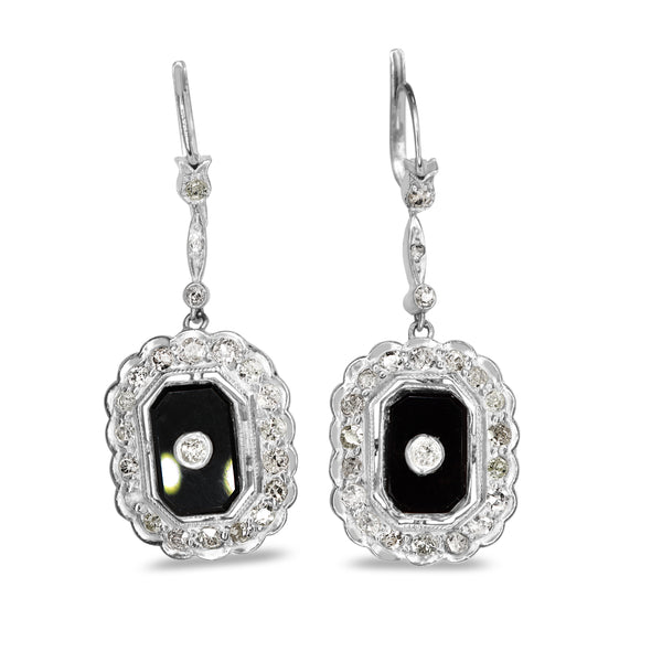 Palladium Art Deco Onyx and Old Cut Diamond Drop Earrings