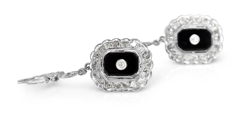 Palladium Art Deco Onyx and Old Cut Diamond Drop Earrings