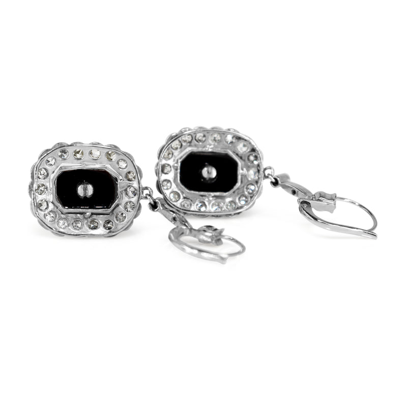 Palladium Art Deco Onyx and Old Cut Diamond Drop Earrings