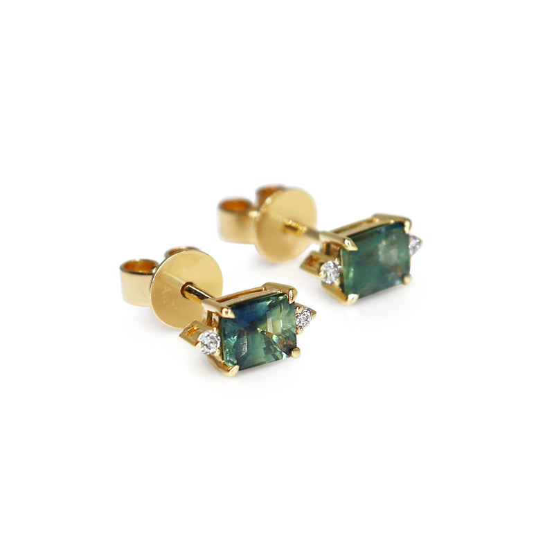 18ct Yellow Gold Emerald Cut Sapphire and Diamond Stud Earrings