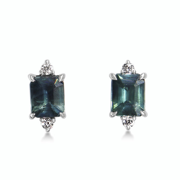18ct White Gold Emerald Cut Sapphire and Diamond Stud Earrings