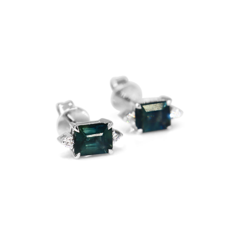 18ct White Gold Emerald Cut Sapphire and Diamond Stud Earrings