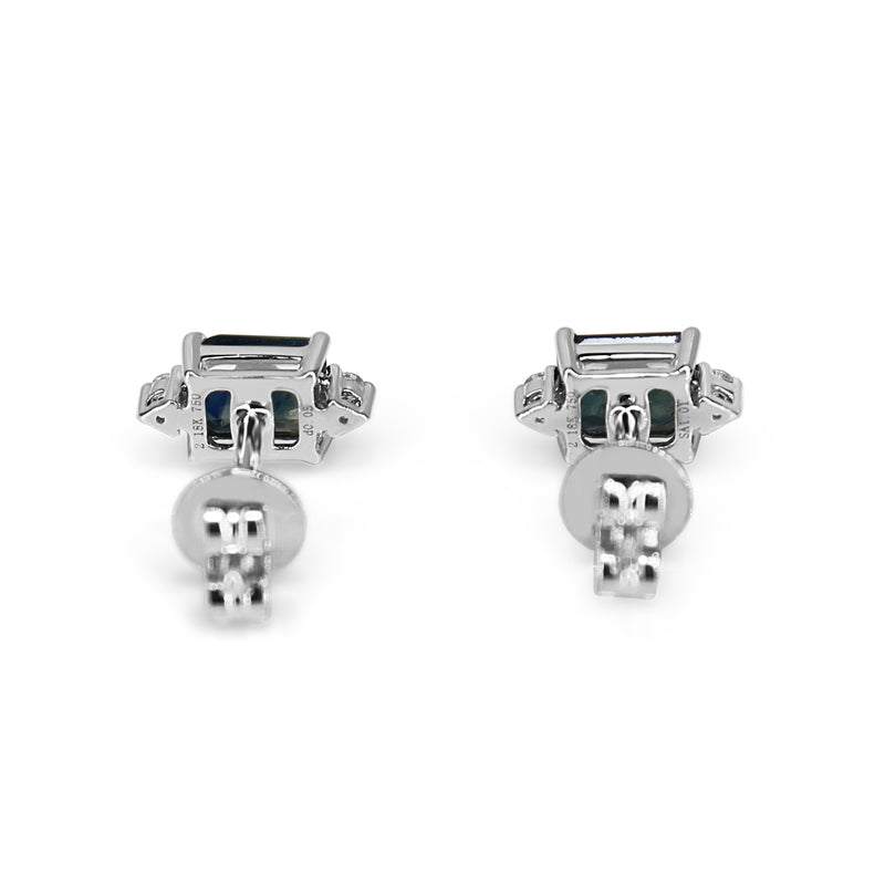 18ct White Gold Emerald Cut Sapphire and Diamond Stud Earrings