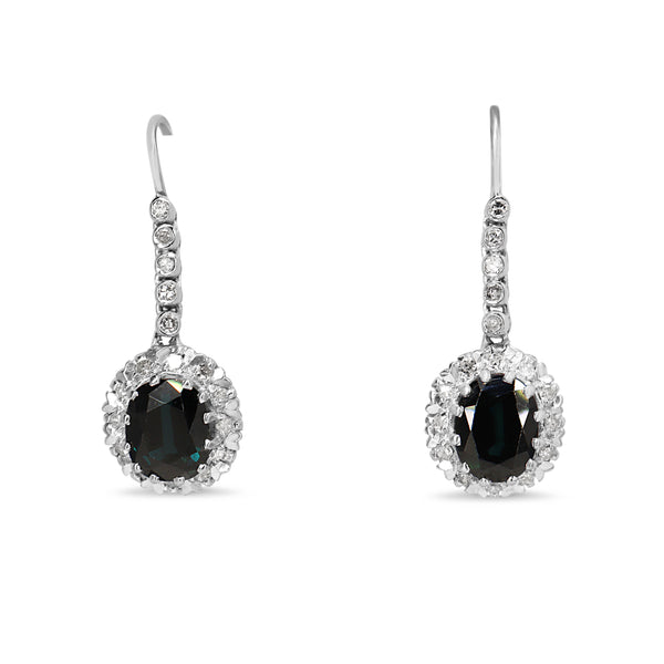 Palladium Art Deco Sapphire and Single Cut Diamond Earrings