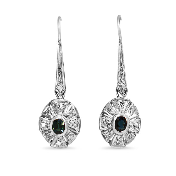 Palladium Sapphire and Diamond Deco Earrings