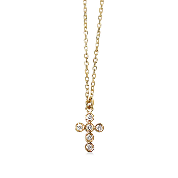14ct Yellow Gold Fine Bezel Diamond Cross Necklace