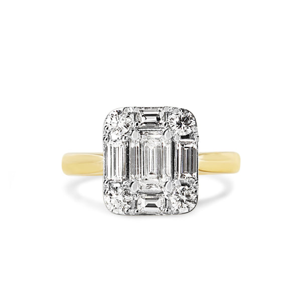 18ct Yellow and White Gold Emerald, Baguette and Brilliant Cut Diamond Deco Style Halo Ring