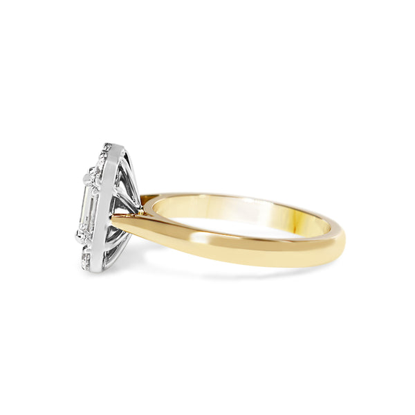 18ct Yellow and White Gold Emerald, Baguette and Brilliant Cut Diamond Deco Style Halo Ring