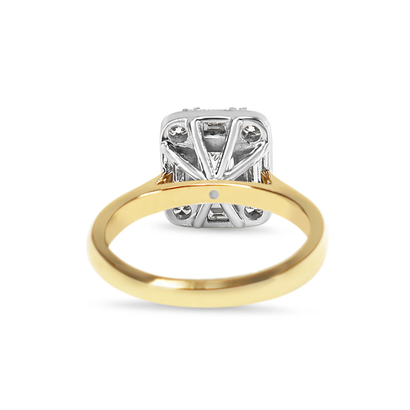 18ct Yellow and White Gold Emerald, Baguette and Brilliant Cut Diamond Deco Style Halo Ring