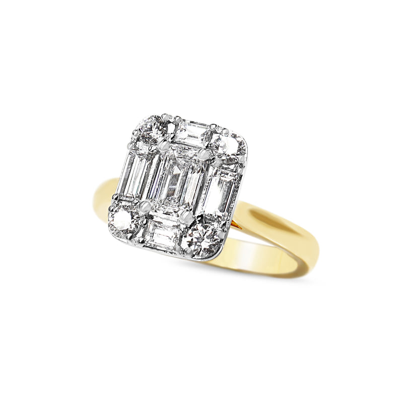 18ct Yellow and White Gold Emerald, Baguette and Brilliant Cut Diamond Deco Style Halo Ring