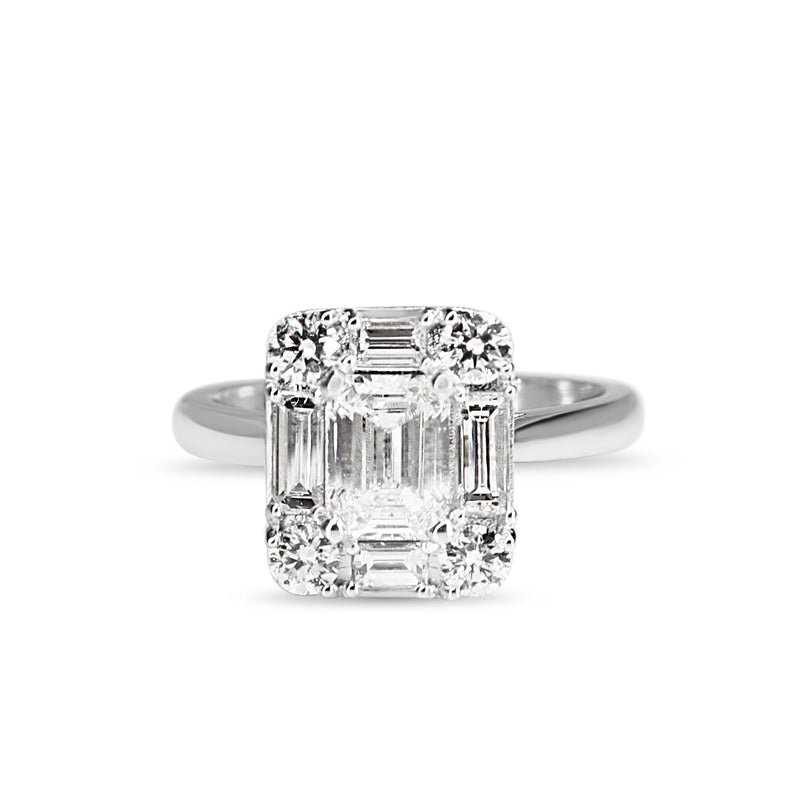Platinum Emerald, Baguette and Brilliant Cut Diamond Deco Style Halo Ring