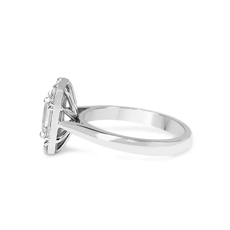 Platinum Emerald, Baguette and Brilliant Cut Diamond Deco Style Halo Ring