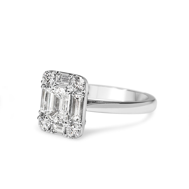 Platinum Emerald, Baguette and Brilliant Cut Diamond Deco Style Halo Ring