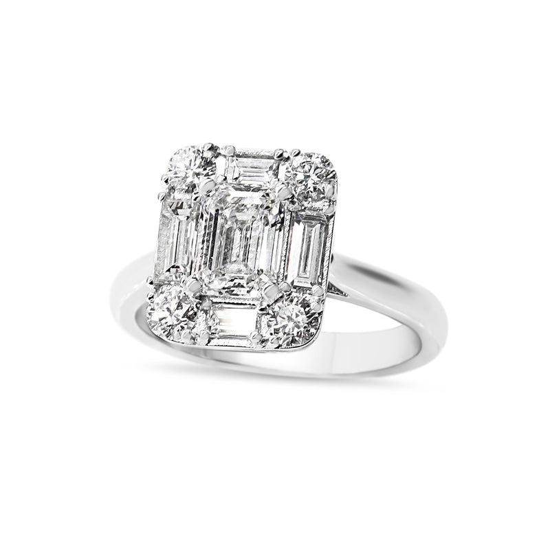 Platinum Emerald, Baguette and Brilliant Cut Diamond Deco Style Halo Ring