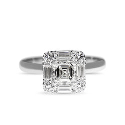 Platinum Asscher and Baguette Diamond Halo Ring