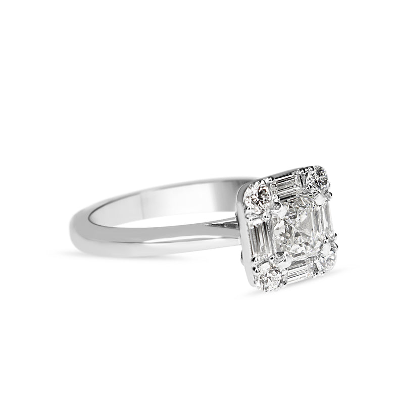Platinum Asscher and Baguette Diamond Halo Ring