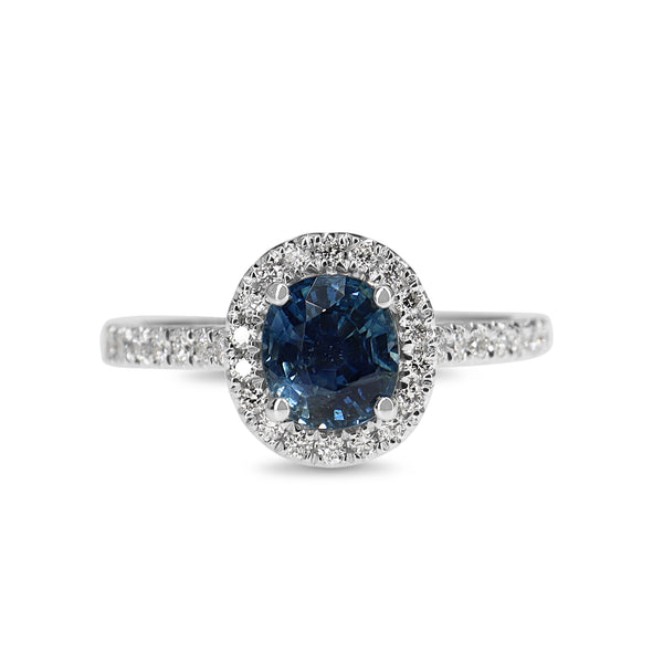 18ct White Gold Sapphire and Diamond Halo Ring