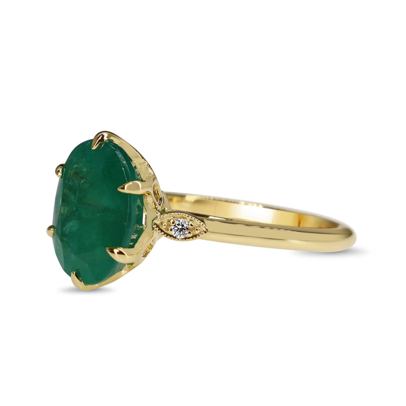 18ct Yellow Gold Oval Emerald and DIamond Solitaire Ring