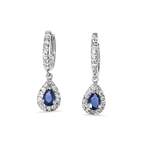 18ct White Gold Sapphire and Diamond Pear Shaped Halo Earrings